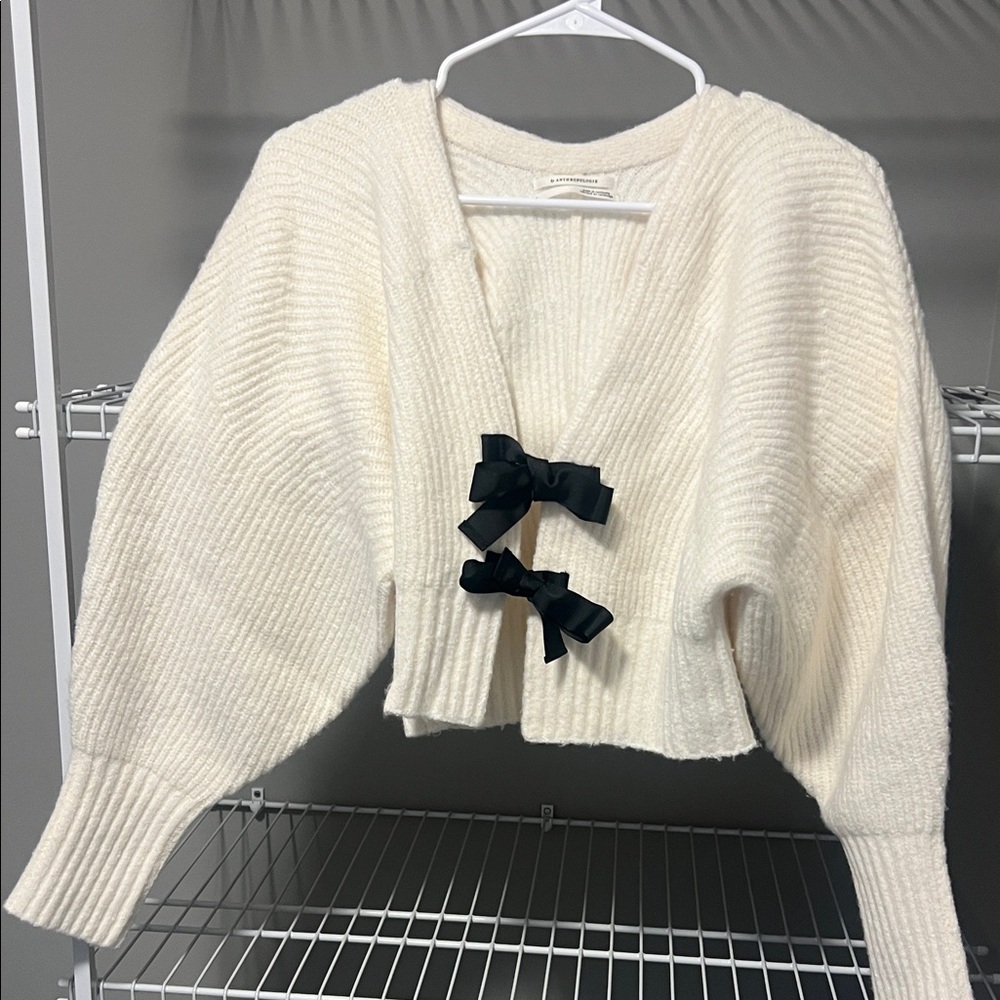 Anthropologie Cream Cardigan with Black Bows